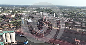 Aerial drone view of a blast furnace in Duisburg. Metal production industry. Close up view of installation.