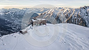 Aerial drone view of Cable Car staion on Aiguille du plan, Mont Blanc, French Alps