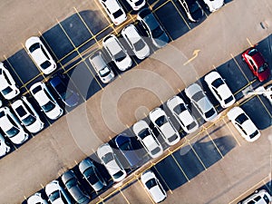 Aerial Drone View of Car Park with Empty Parking Lots.