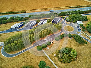 Aerial drone view of cargo truck parking