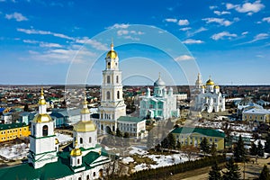 Aerial drone view of Cathedral Square Holy Trinity Seraphim-Diveevo monastery near belfry