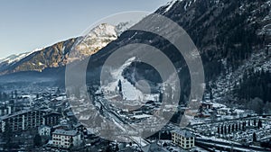 Aerial drone view of Chamonix Mont Blanc, in French Alps