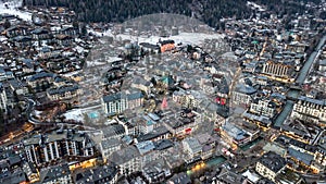 Aerial drone view of Chamonix Mont Blanc, in French Alps