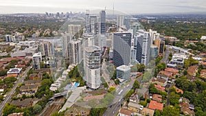 Aerial drone view of Chatswood CBD in the Lower North Shore of Sydney, NSW Australia