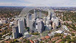 Aerial drone view of Chatswood CBD in the Lower North Shore of Sydney, NSW Australia on a sunny morning
