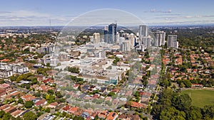 Aerial drone view of Chatswood CBD in the Lower North Shore of Sydney, NSW Australia on a sunny morning