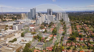 Aerial drone view of Chatswood CBD in the Lower North Shore of Sydney, NSW Australia on a sunny morning