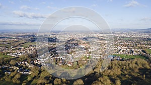 Aerial drone view of Cheltenham, England, UK, from Leckhampton Hill looking north photo