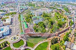Aerial drone view of Chkalov ladder or Volzhskaya staircase and Kremlin in Nizhny Novgorod, Russia