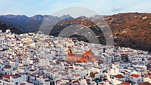 Aerial Drone View of Church in Spanish Town in Torrox, Spain, Costa Del Sol Mountains, Andalusia (An