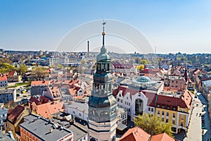 Aerial drone view on church tower in Zielona Gora