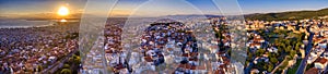 Aerial drone view of city of Thessaloniki at sunset, North Greece