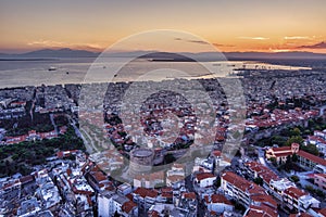 Aerial drone view of city of Thessaloniki at sunset, North Greece