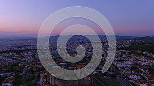 Aerial drone view of city of Thessaloniki at sunset, North Greece