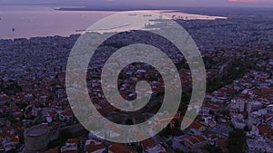 Aerial drone view of city of Thessaloniki at sunset, North Greece