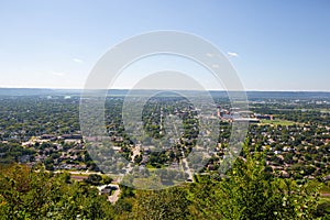 Aerial drone view of the cityscape of La Crosse seen from Grandad Bluff