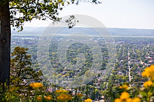 Aerial drone view of the cityscape of La Crosse seen from Grandad Bluff