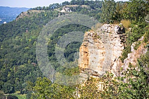 Aerial drone view of cliffs and trees at Grandad Bluff park