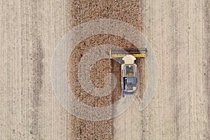 aerial drone view of a combine harvester