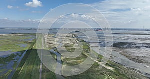 Aerial drone view of the container port in Antwerpen, Belgium.