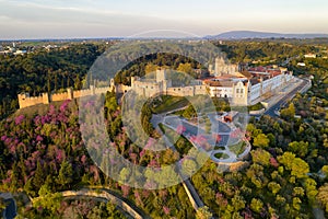 Aerial drone view of Convento de cristo christ convent in Tomar at sunrise, Portugal photo