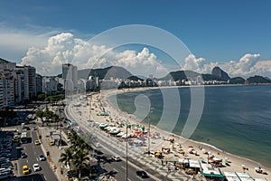 Aerial, drone view of Copacabana beach in Rio de Janeiro on the summer day