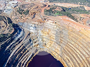 Aerial drone view of Corta Atalaya with mining levels at open mine pit.