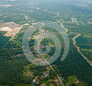 Aerial drone view of countryside settlements scenery at Kampung Chinchin, Jasin, Melaka, Malaysia photo