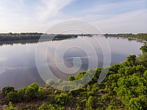 Aerial Drone view of Danube river and blue sky. Beautiful amazing landscape image of Danube river