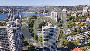 Aerial drone view of Darling Point looking toward Point Piper in East Sydney, NSW Auon a sunny day