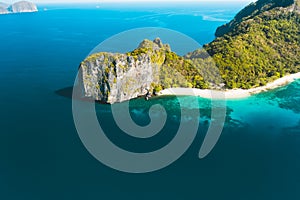 Aerial drone view of Dilumacad also called Helicopter Island in El Nido, Palawan, Philippines