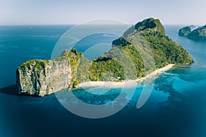 Aerial drone view of Dilumacad called Helicopter Island in El Nido, Palawan, Philippines