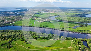 Aerial drone view of Dnieper and Dniester river near Kyiv, green islands from above, river landscape in spring, Ukraine