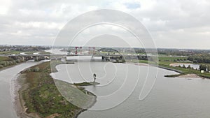 Aerial drone view of dutch infrastructure highway overpass over waterway river, Jan Blankenbrug A2 highway under
