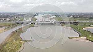 Aerial drone view of dutch infrastructure highway overpass over waterway river, Jan Blankenbrug A2 highway under