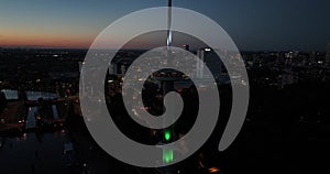 Aerial drone view of the Euromast in the city of Rotterdam at night