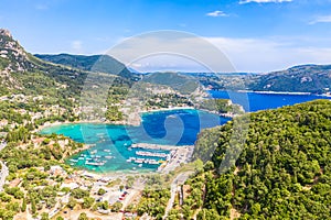 Aerial drone view of famous Paleokastritsa beach resort on Corfu island, Greece