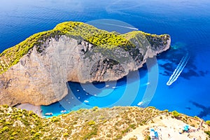 Aerial drone view of the famous Shipwreck Navagio Beach on Zakynthos island, Greece. Greece iconic vacation picture