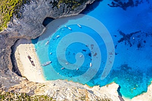 Aerial drone view of the famous Shipwreck Navagio Beach on Zakynthos island, Greece. Greece iconic vacation picture