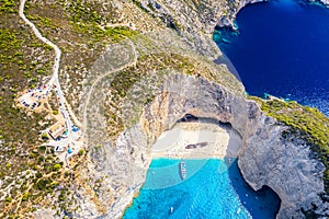 Aerial drone view of the famous Shipwreck Navagio Beach on Zakynthos island, Greece. Greece iconic vacation picture