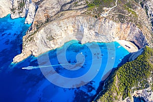 Aerial drone view of the famous Shipwreck Navagio Beach on Zakynthos island, Greece. Greece iconic vacation picture