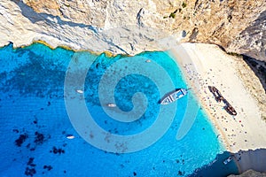 Aerial drone view of the famous Shipwreck Navagio Beach on Zakynthos island, Greece. Greece iconic vacation picture