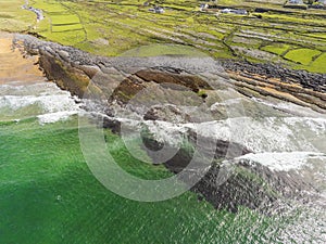 Aerial drone view on Fanore beach, county Clare, Ireland. West coast coastline. Warm sunny day, cloudy sky