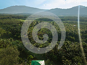 Aerial drone view of farmland with mountain background in Jasin, Melaka, Malaysia