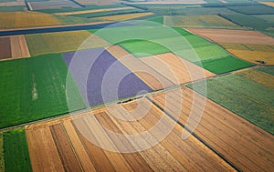 Aerial drone view flight over different agricultural fields. Drone picture