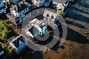 Aerial drone view of flooded homes during flood event - AI Generated