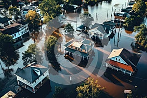 Aerial drone view of flooded homes during flood event - AI Generated