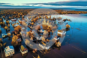 Aerial drone view of flooded homes during flood event - AI Generated