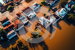 Aerial drone view of flooded homes during flood event - AI Generated