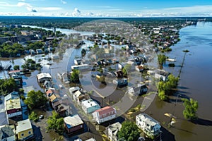 Aerial drone view of flooded homes during flood event - AI Generated